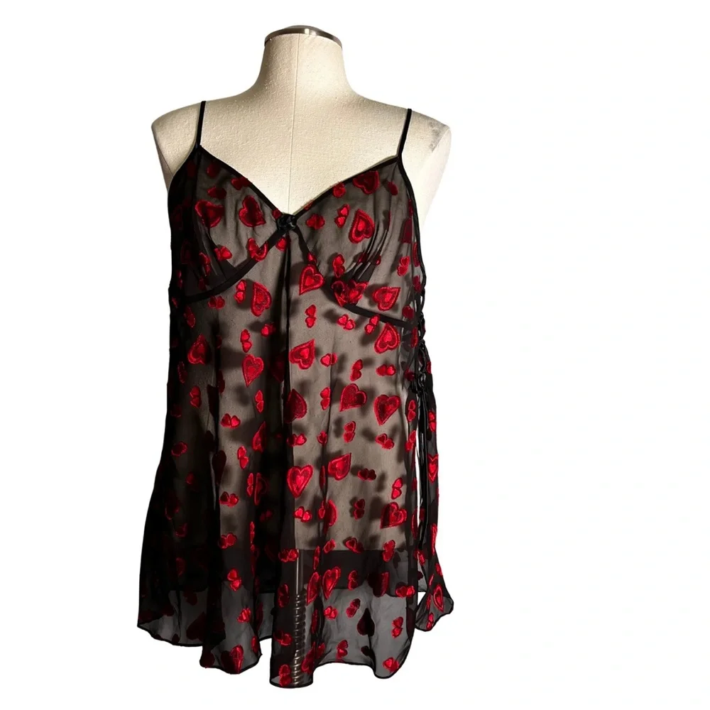 Secret Treasures sheer black with red hearts flowy lingerie top lace up side 1X - Picture 1 of 11
